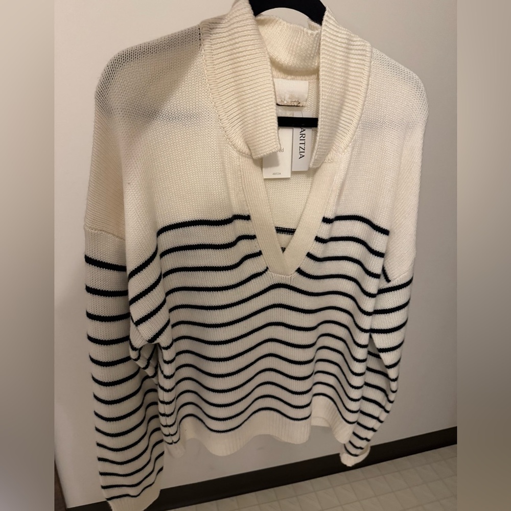 Aritzia V-Neck Sweater - Cream and Black Stripes